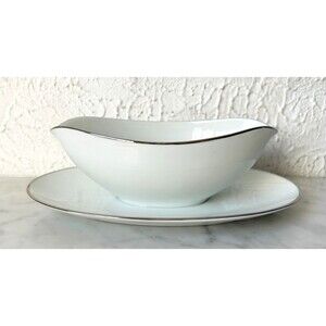 Vintage Noritake Colony China Gravy Boat Attached Underplate White Platinum Trim
